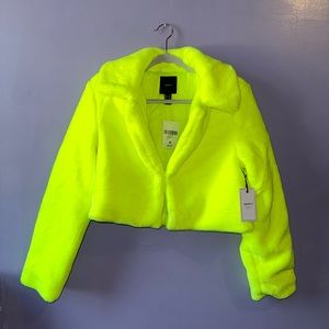 Neon Green Yellow Faux Fur Crop Jacket